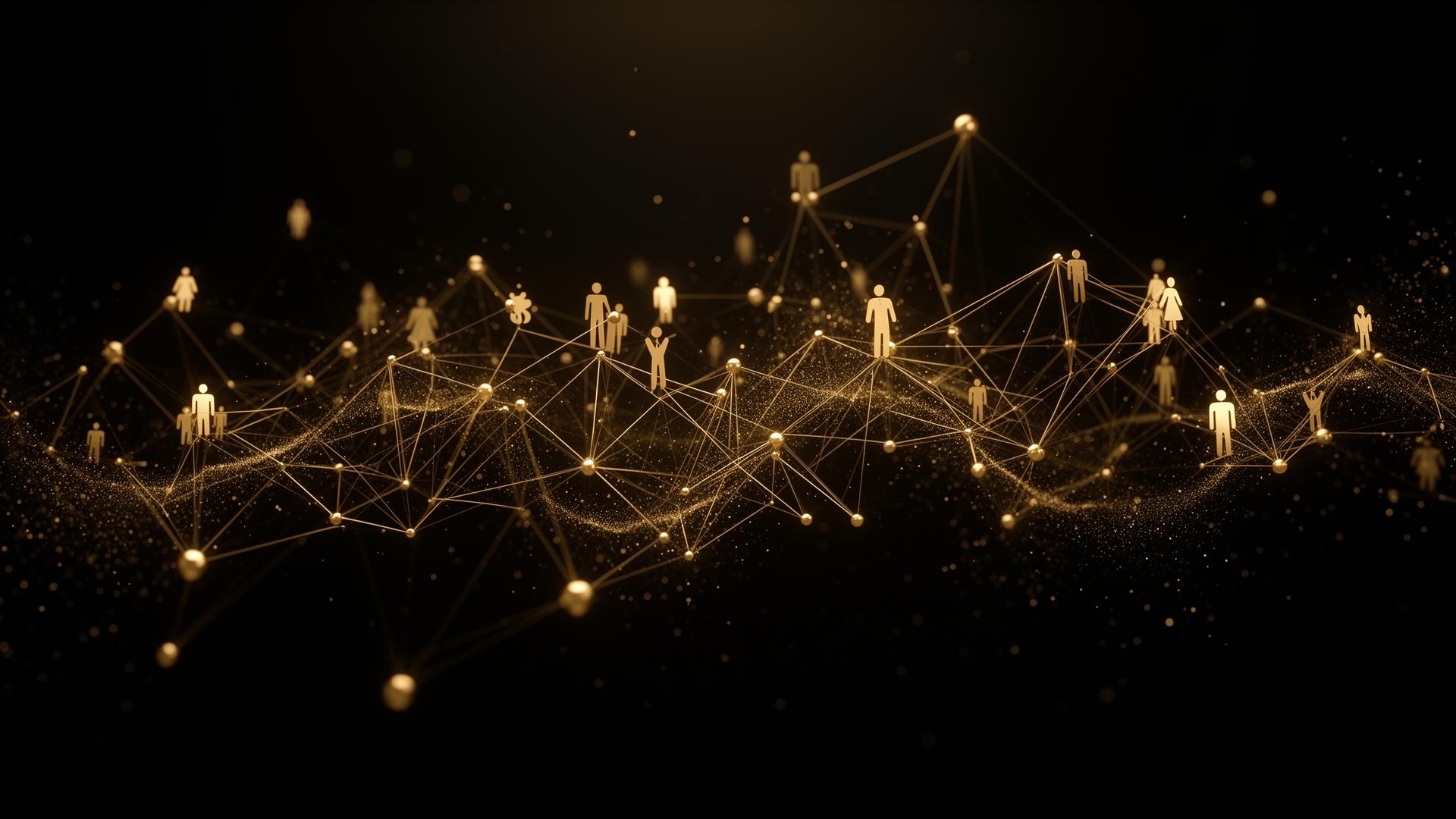 A luminous gold network of people and ideas connected across a dark field